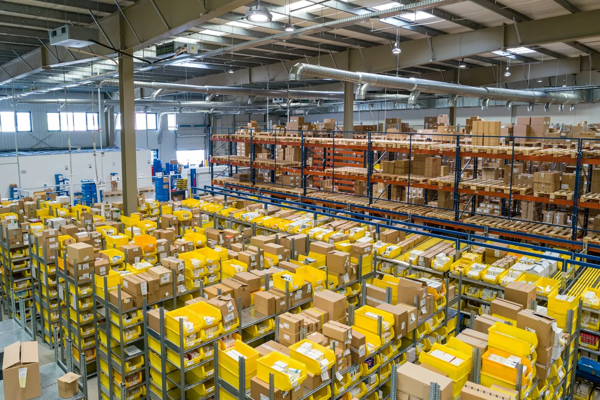 Warehouse aisle with storage crates