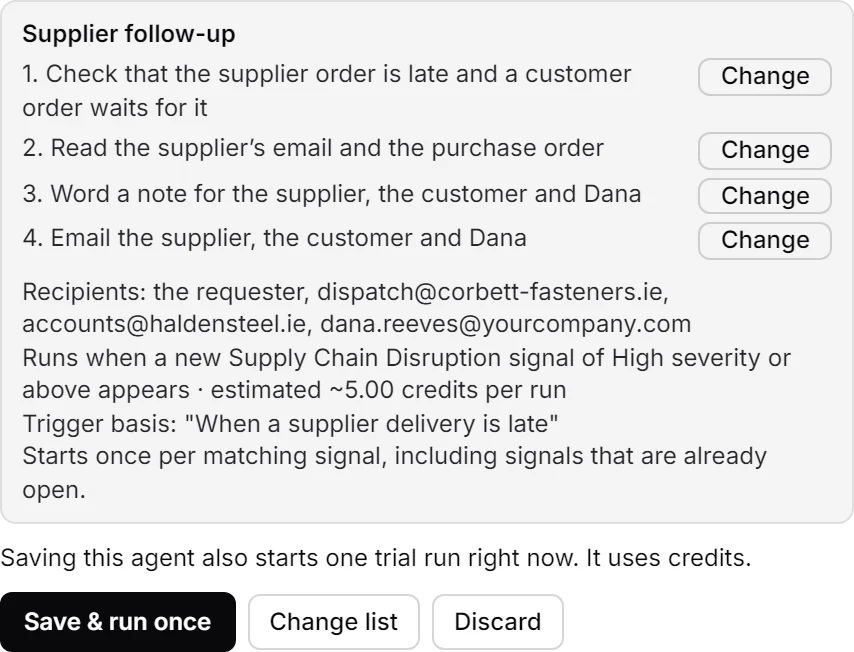The draft of an agent in the chat, from the late supplier order PO 4471: the name Supplier follow-up, four steps, who it emails, the note that saving starts one trial run, and the buttons Save & run once, Change list and Discard.