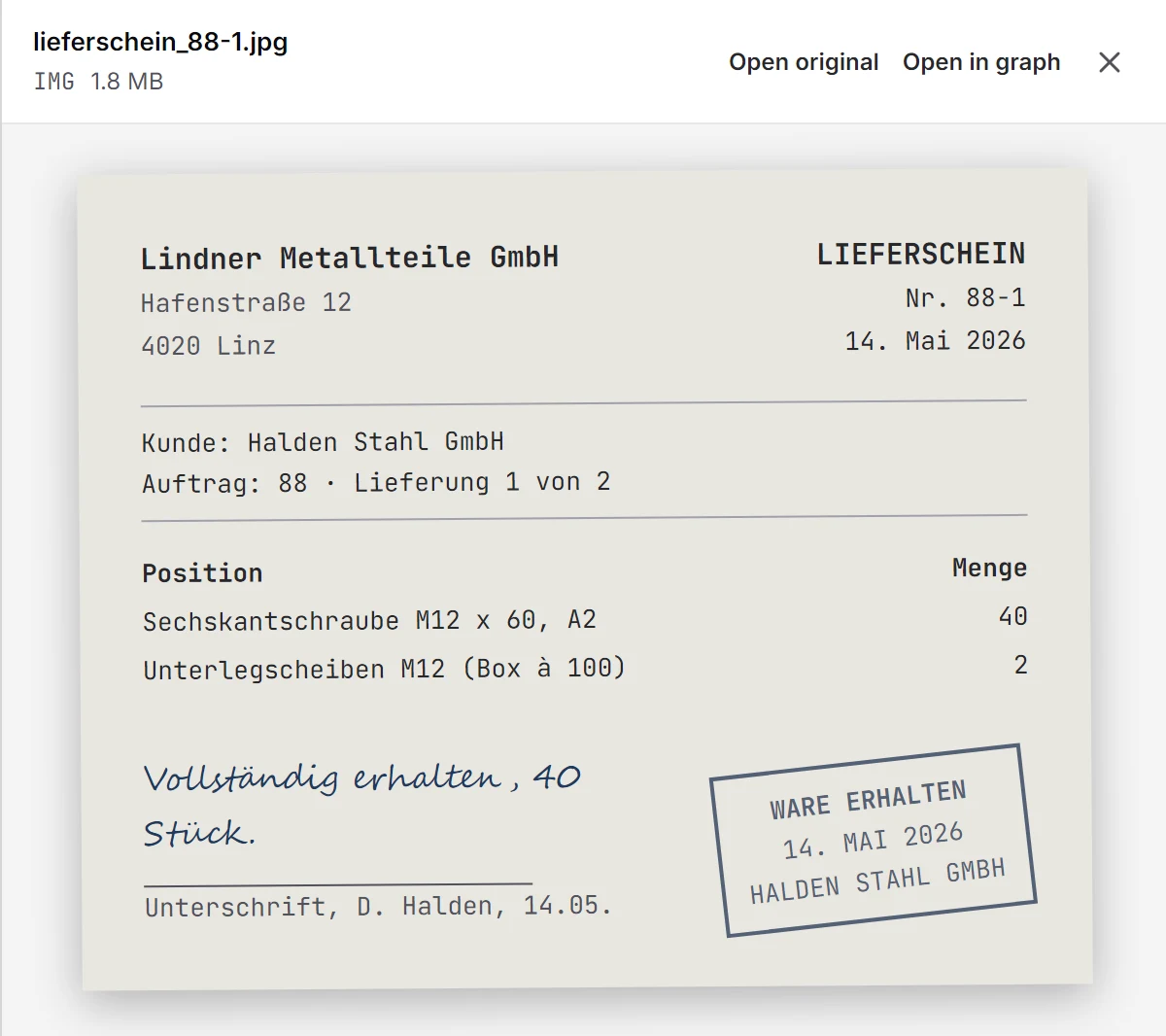 Der aus der Antwort geöffnete Lieferschein zu Lieferung 88-1: 40 Stück, vollständig erhalten.