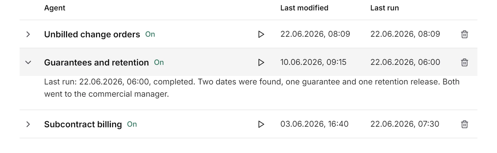 The agent “Guarantees and retention” opened in the agent list: last run 22.06.2026, 06:00. Two dates were found, one guarantee and one retention release. Both went to the commercial manager.