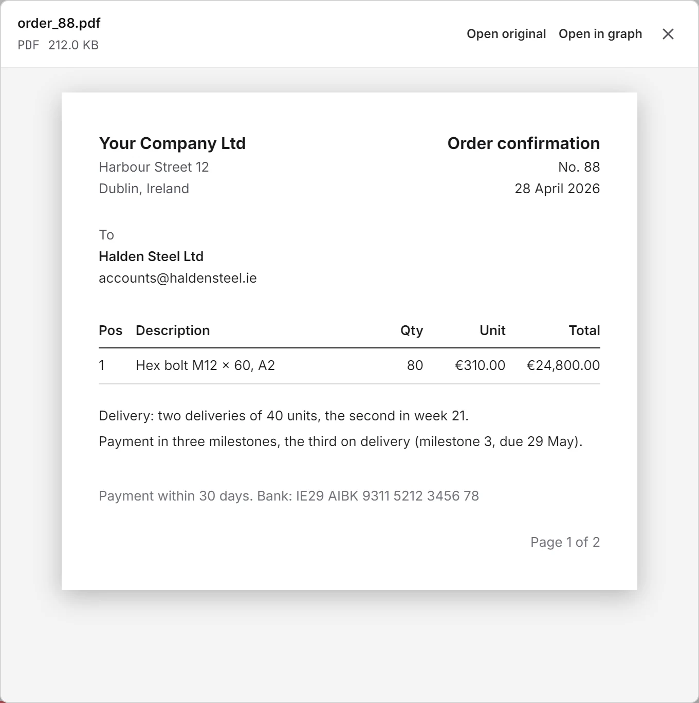 The order confirmation order_88.pdf opened from the source of Order #88: Your Company Ltd to Halden Steel Ltd, 80 hex bolts for €24,800 in two deliveries of 40.