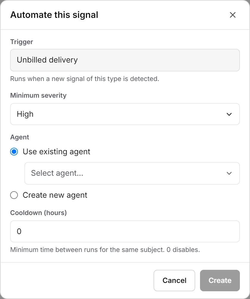 The dialog Automate this signal: the trigger, the minimum severity, the choice between an existing and a new agent, and the cooldown.